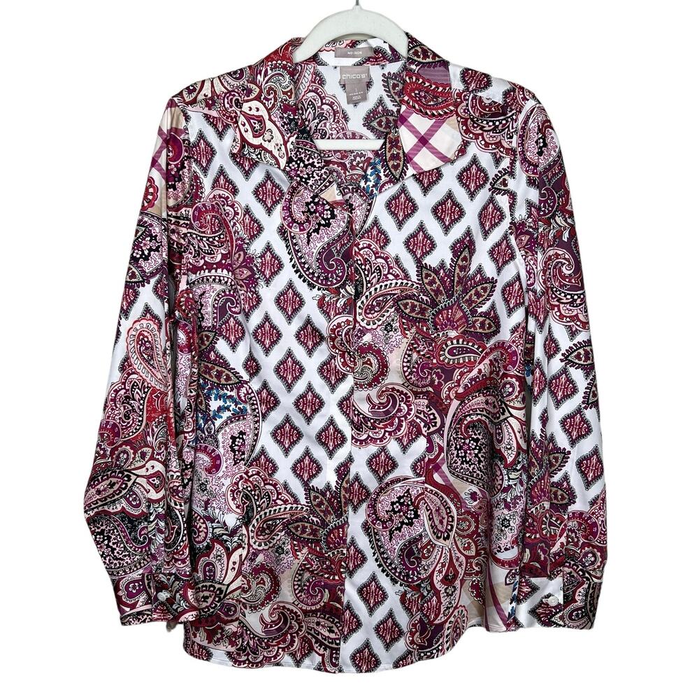 Chico's No-Iron Sateen Menswear Mix Print Wing Collar Shirt size 1 8/10
